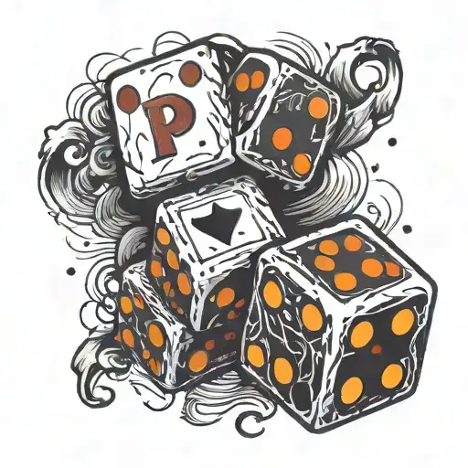 text saying "PJ can't gamble fo shit" in gothic letters. below is a picture of two dices. tattoo design idea