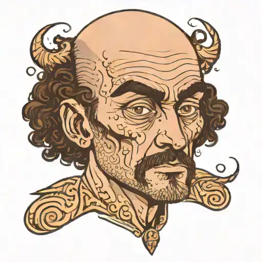 a head of a Guy with a high forehead. Big bulging eyes. a vein in his forehead. balding curly brown hair.  tattoo design idea