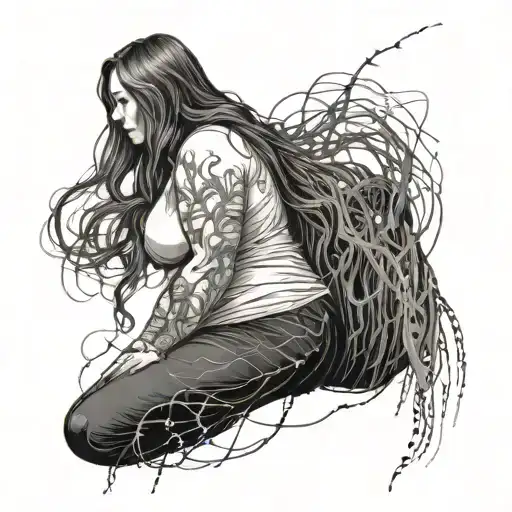 plus size woman facing away from us, full body, long hair, surrounded by lightening bugs.  tattoo design idea