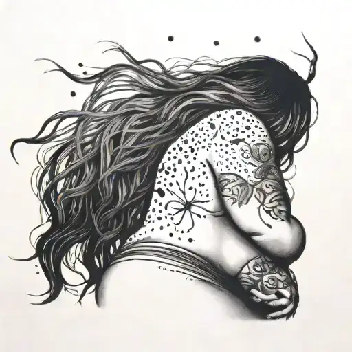 plus size woman, back to us, full body, long hair, surrounded by lightening bugs.  tattoo design idea