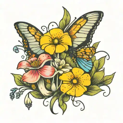 Wildflowers, chameloen, mushrooms, fireflies tattoo design idea