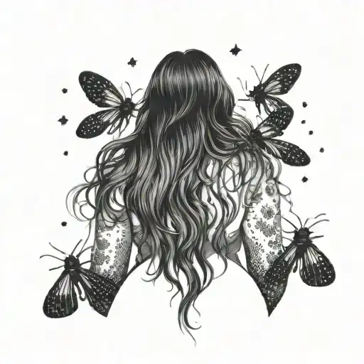 plus size woman standing facing away from us with long hair, fireflies surrounding her tattoo design idea