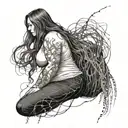 plus size woman facing away from us, full body, long hair, surrounded by lightening bugs.  tattoo design idea