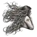 plus size woman facing away from us, full body, long hair, surrounded by lightening bugs.  tattoo design idea