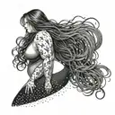 plus size woman facing away from us, full body, long hair, surrounded by lightening bugs.  tattoo design idea