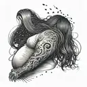 plus size woman facing away from us, full body, long hair, surrounded by lightening bugs.  tattoo design idea