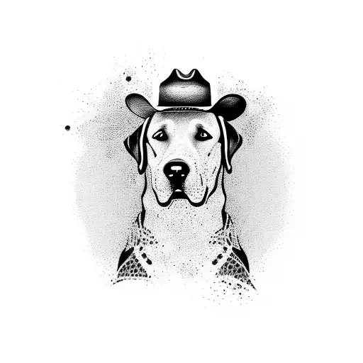 a labrador dog with a cowboy hat coming from the shadows tattoo design idea