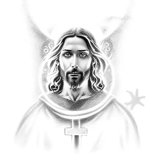 A black-grey tattoo of Jesus walking on water, with stormy waves and a glowing halo above his head tattoo design idea