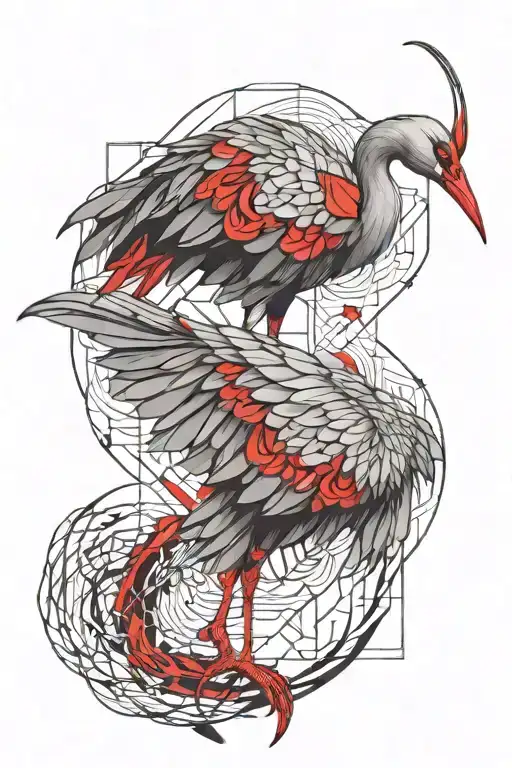 crane bird with red details intertwined tattoo design idea