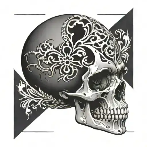 A black and grey skull with a heart-shaped eye socket, symbolizing love and darkness tattoo design idea