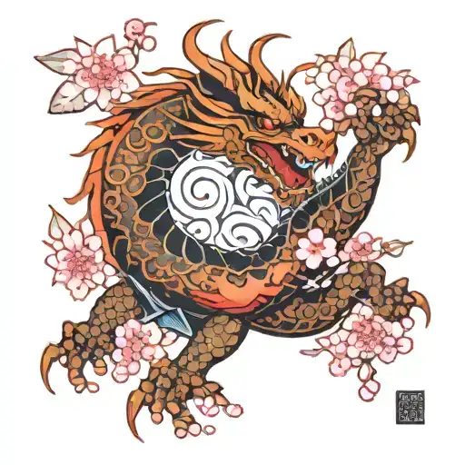 stylized dragon surrounded by cherry blossoms traditional japanese art tattoo design idea