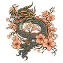 stylized dragon surrounded by cherry blossoms traditional japanese art tattoo design idea