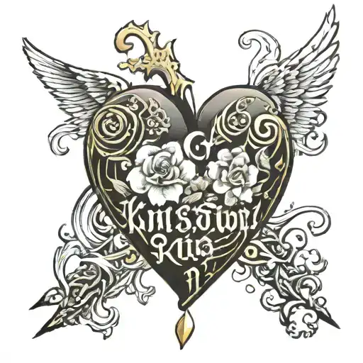 Heart broken repaired with gold and "kintsukuroi" text tattoo design idea