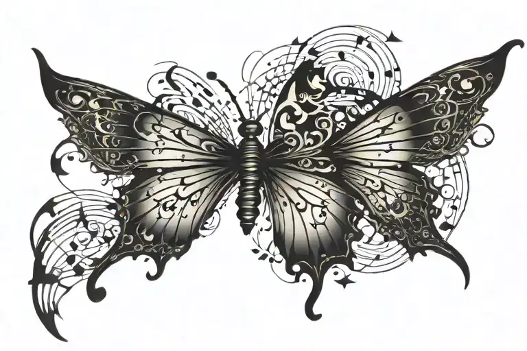 butterfly with ripped wings and music notes flowing tattoo design idea