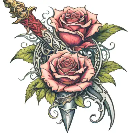 dragon rose sword intertwined tattoo design idea