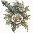 dragon rose sword intertwined tattoo design idea