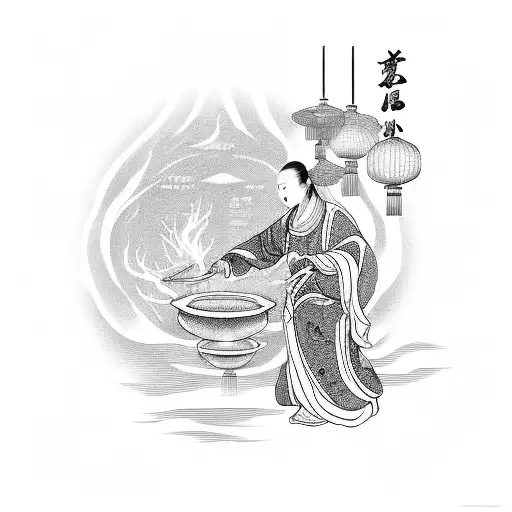 old chinese goddess of oblivion serving soup of oblivion in the underworld near bridge of oblivion tattoo design idea