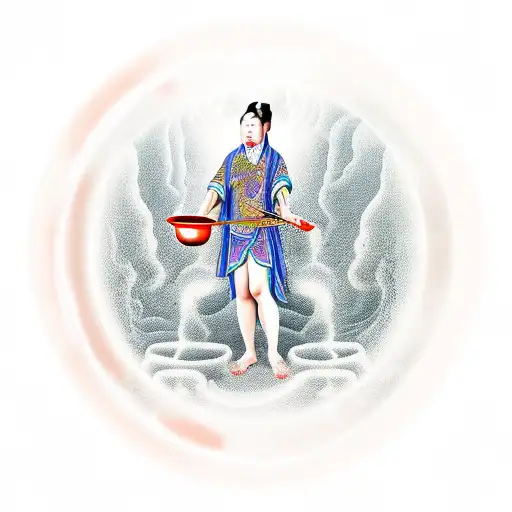 old chinese goddess of oblivion serving soup of oblivion to underworld souls tattoo design idea