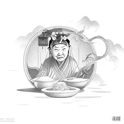 old chinese goddess of oblivion serving soup of oblivion to underworld souls, hanging bridge on the background tattoo design idea