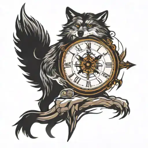 wolf mountain clock compass  tattoo design idea