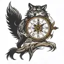 wolf mountain clock compass  tattoo design idea