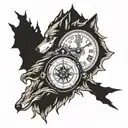 wolf mountain clock compass  tattoo design idea