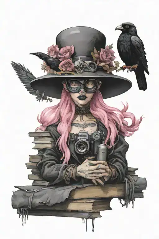 masked pinkhair girl, raven perched on a stack tattoo design idea
