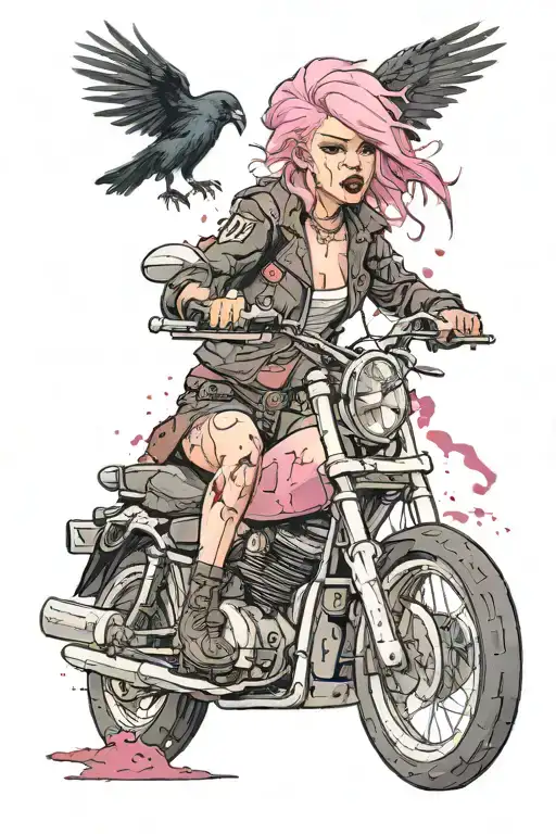 pinkhair girl riding motorcycles, raven perched on top, blood splattered on her face tattoo design idea