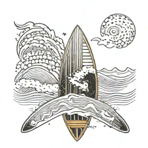 An architectural design inspired tattoo with a surfboard and waves tattoo design idea