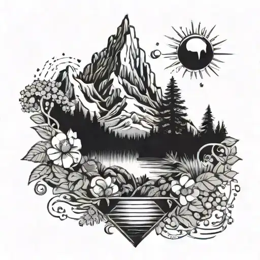 A psychedelic music-themed tattoo incorporating elements of nature and mountains tattoo design idea