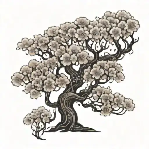 A Japanese cherry blossom tree with African tribal patterns, blending the client's favorite things tattoo design idea