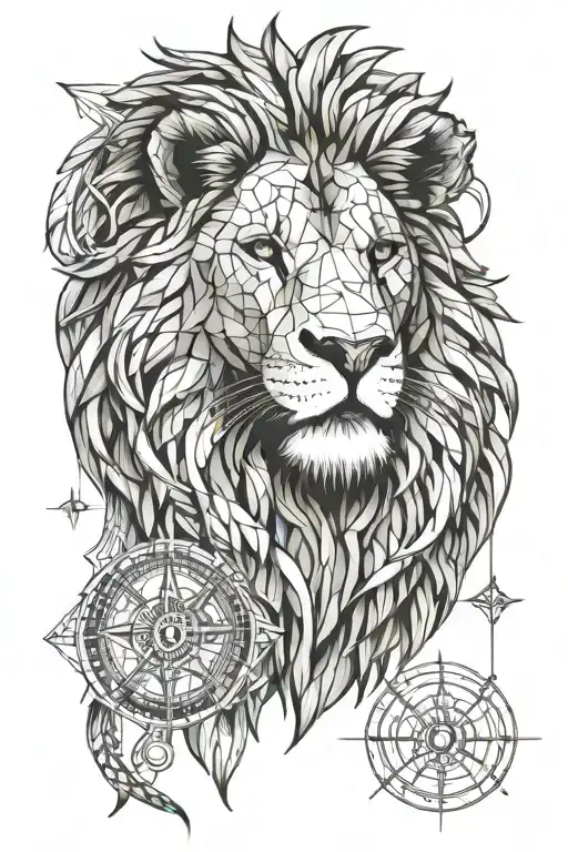 Lion head with compass tattoo design idea
