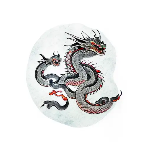 dragon and snake and Japanese mask tattoo design idea