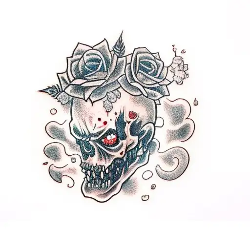 zombie head with flowers growing out of iy tattoo design idea