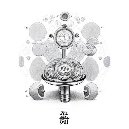 A balance scale with weights representing the different aspects of life, surrounded by intricate Japanese motifs tattoo design idea