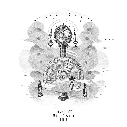 A balance scale with weights representing the different aspects of life, surrounded by intricate Japanese motifs tattoo design idea