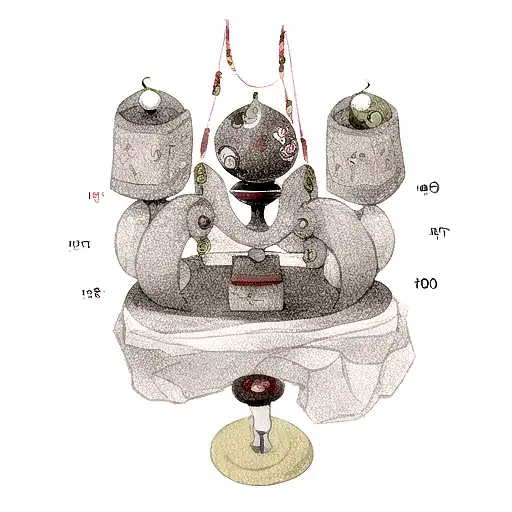 A balance scale with weights representing the different aspects of life, surrounded by intricate Japanese motifs tattoo design idea