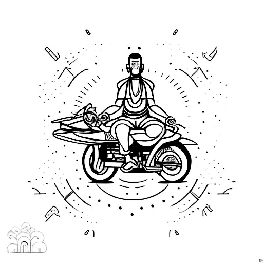 A meditating monk on a motorbike, symbolizing the balance between tranquility and adventure tattoo design idea