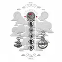 A balance scale with weights representing the different aspects of life, surrounded by intricate Japanese motifs tattoo design idea