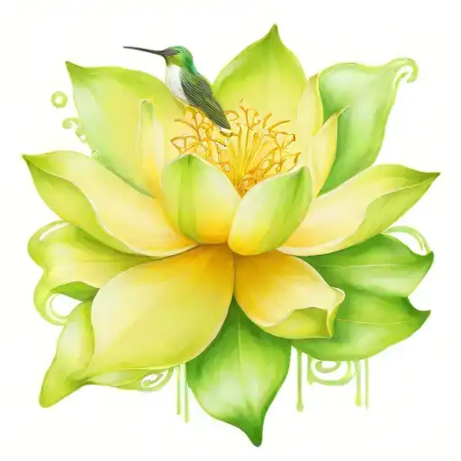 jade glowing lotus flower with a hummingbird hovering tattoo design idea