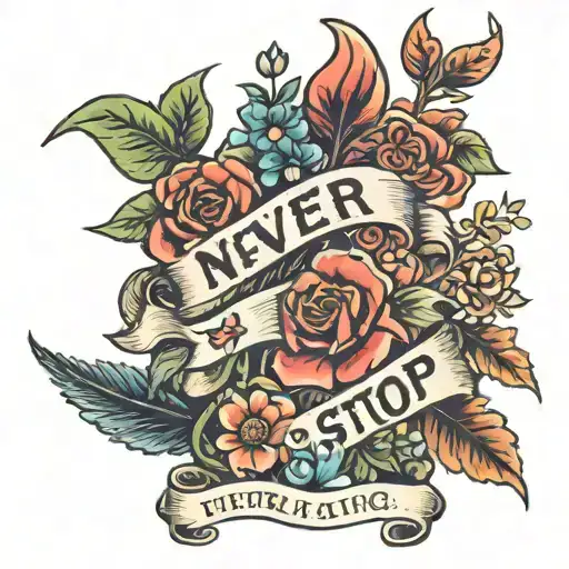 text never stop growing with flowers or plants growing tattoo design idea