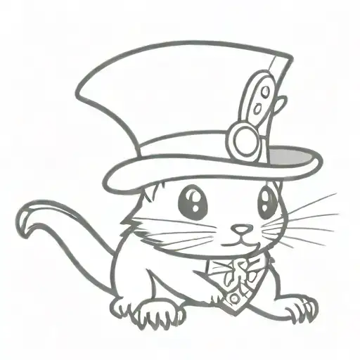 Pokémon style ferret wearing the Mad Hatter's hat. The drawing should look like a sketch tattoo design idea