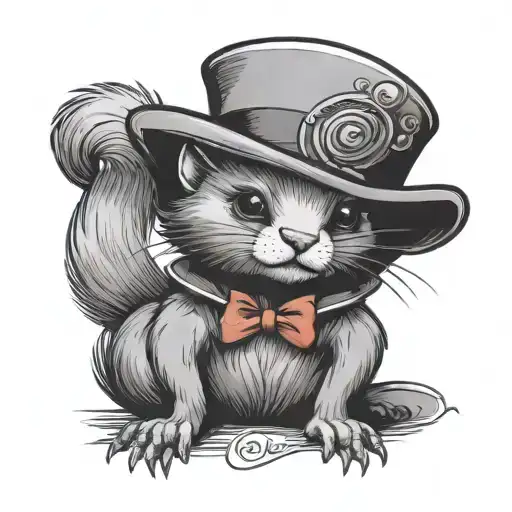 Pokémon style ferret wearing the Mad Hatter's hat with "We're all mad here" written at the bottom tattoo design idea