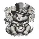 Pokémon style ferret wearing the Mad Hatter's hat with "We're all mad here" written at the bottom tattoo design idea
