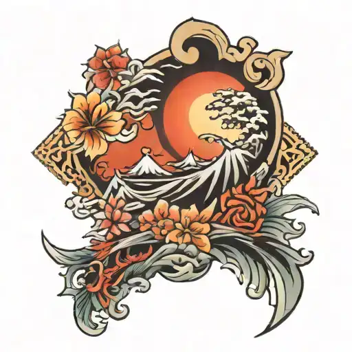 Japanese sunrise integrated tattoo design idea