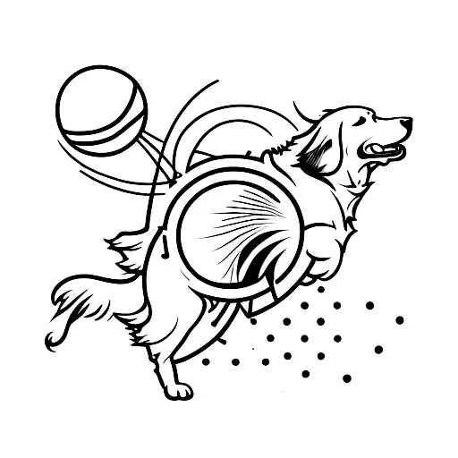 A minimalist tattoo of a volleyball and a golden retriever jumping to catch it against a sunset backdrop tattoo design idea