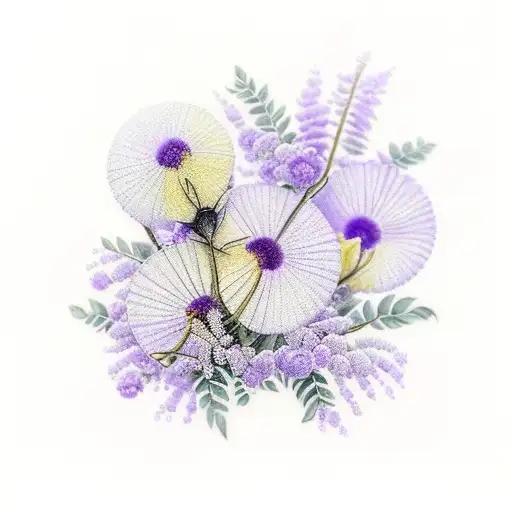 Mimosa flower and violette flower and whriten mamie tattoo design idea