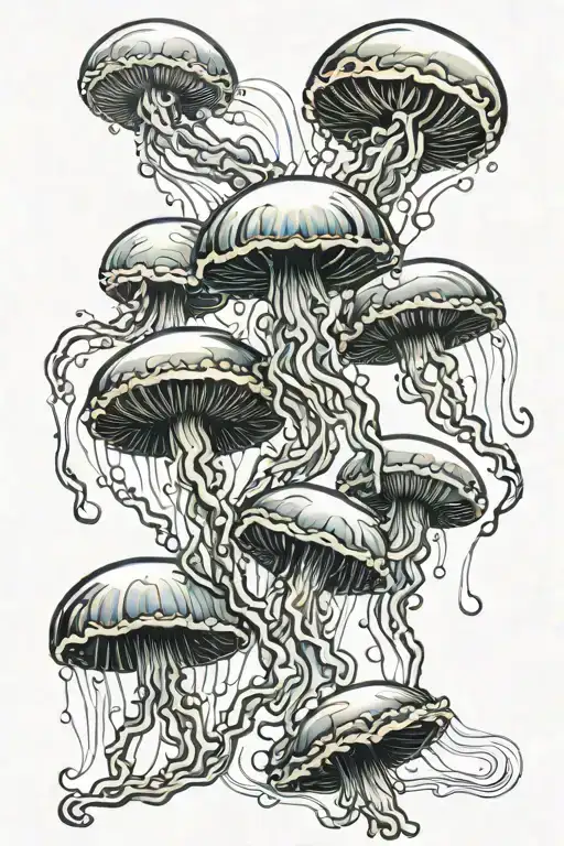 five jellyfish swimming in a sea tattoo design idea