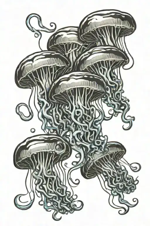 five jellyfish swimming in a sea whit a infinite sign and heart tattoo design idea