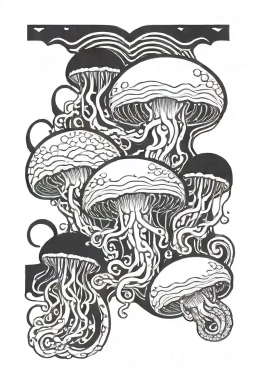 five jellyfish swimming in a sea whit a infinite sign and heart tattoo design idea